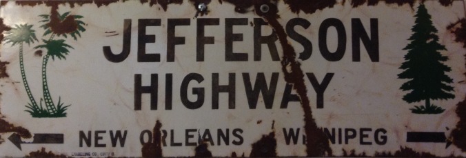 One of two original Jefferson Highway signs in the Bates County Museum collection.