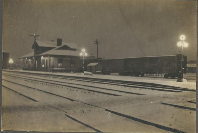 Missour Pacific Railroad Depot in Rich Hill by moonlight